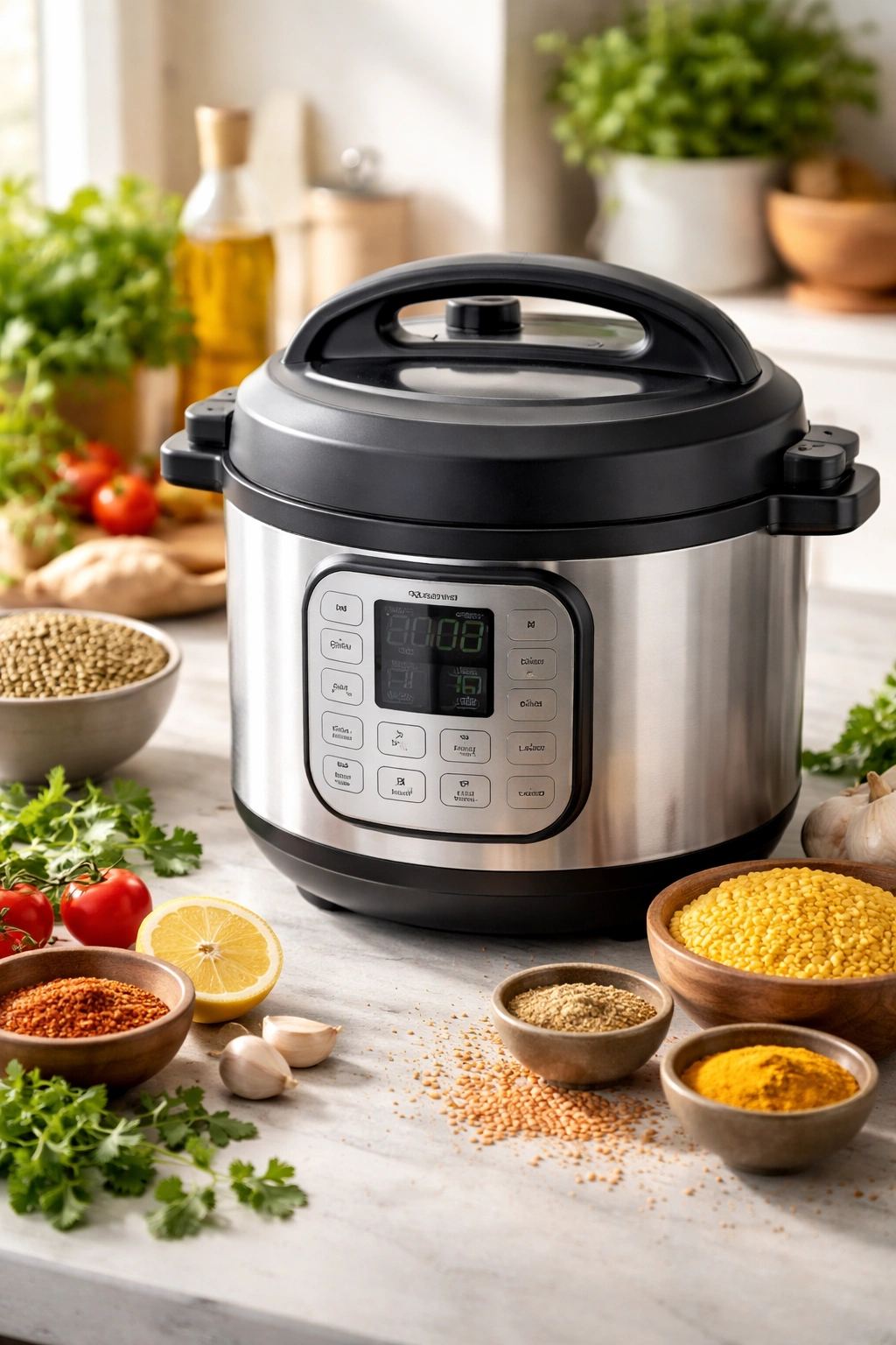 Generic electric pressure cooker on a kitchen counter