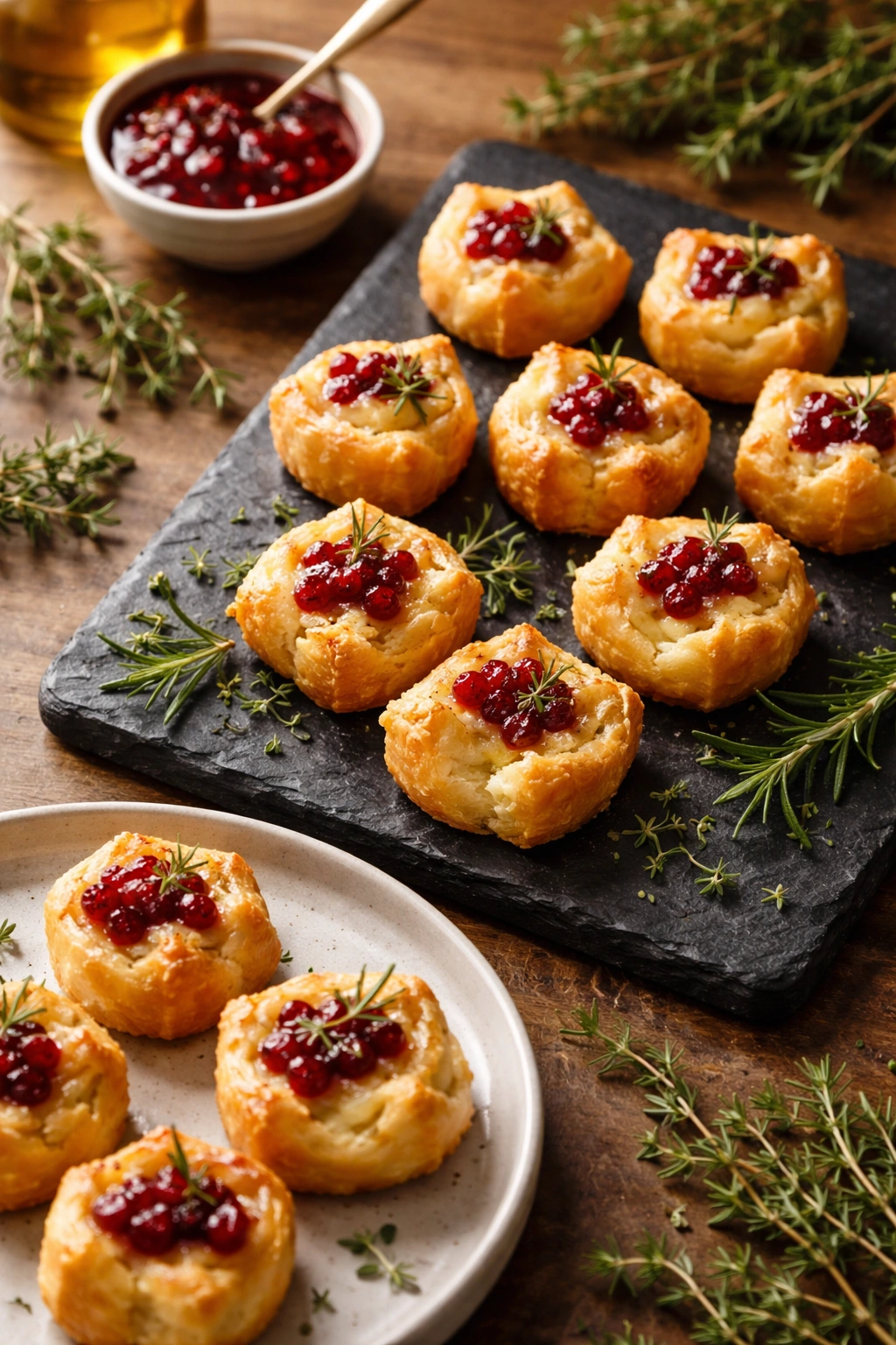 Elegant platter of Brie and Cranberry Bites with fresh herbs