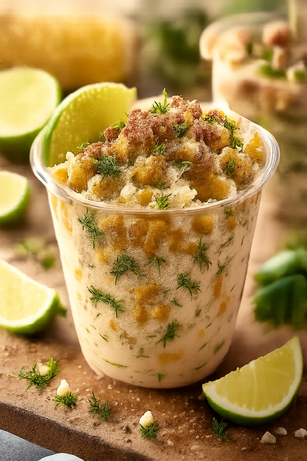 Cup of mixed elote with mayo, crema, cilantro and cotija in bright light