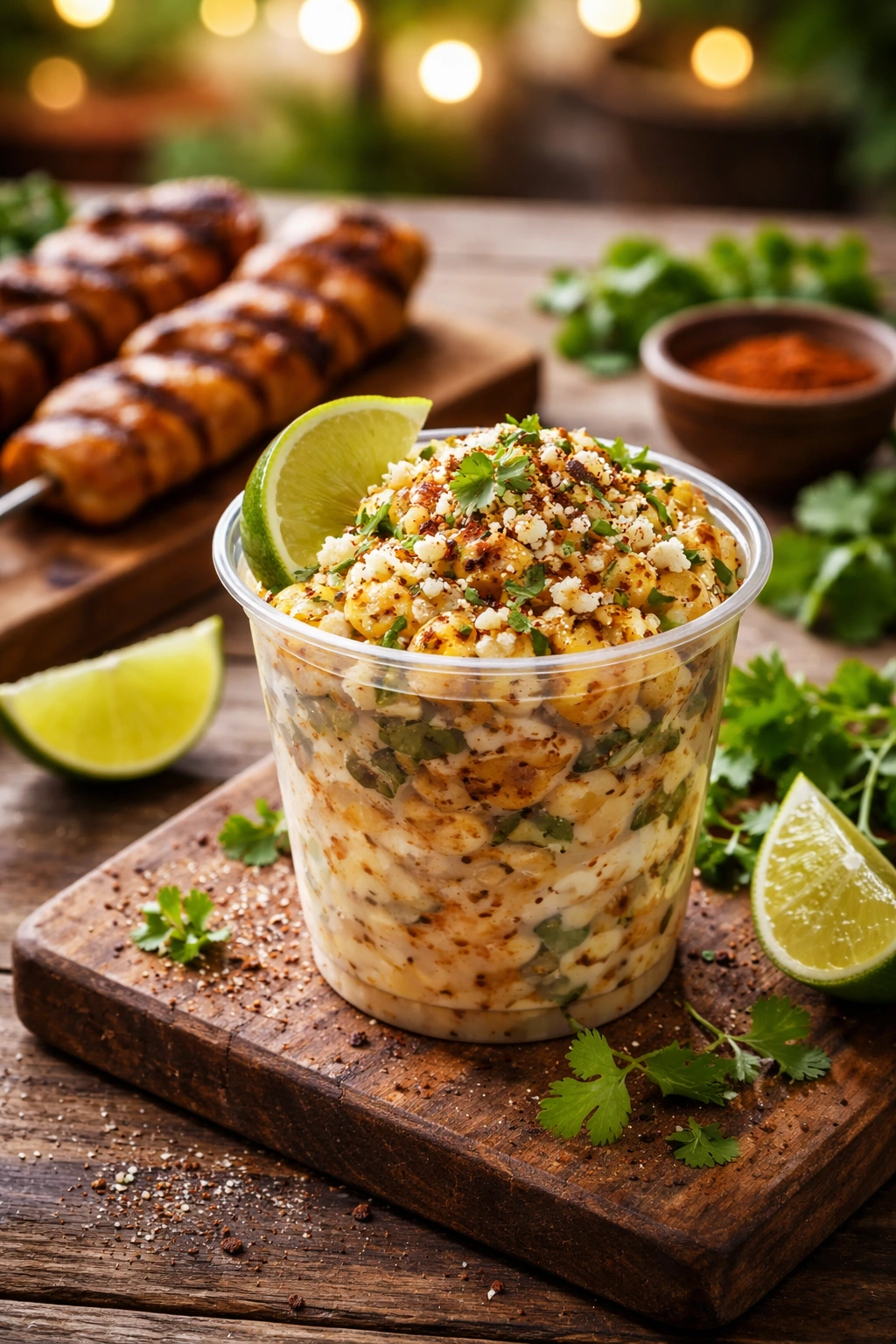 Elote in a cup with lime and cilantro on a wooden board, suggesting pairings with grilled proteins