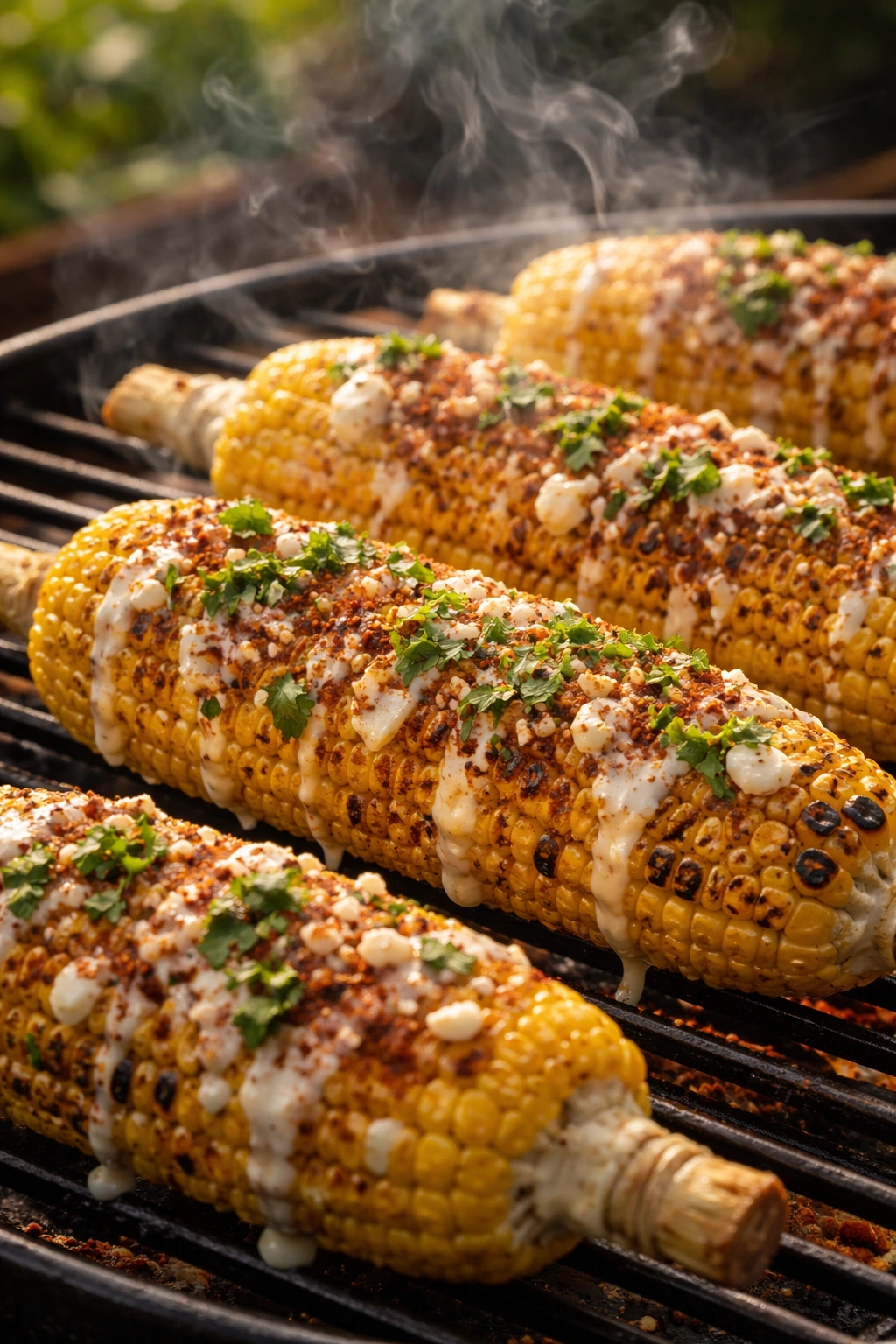 Close-up of elote-style corn with cotija and crema on the grill