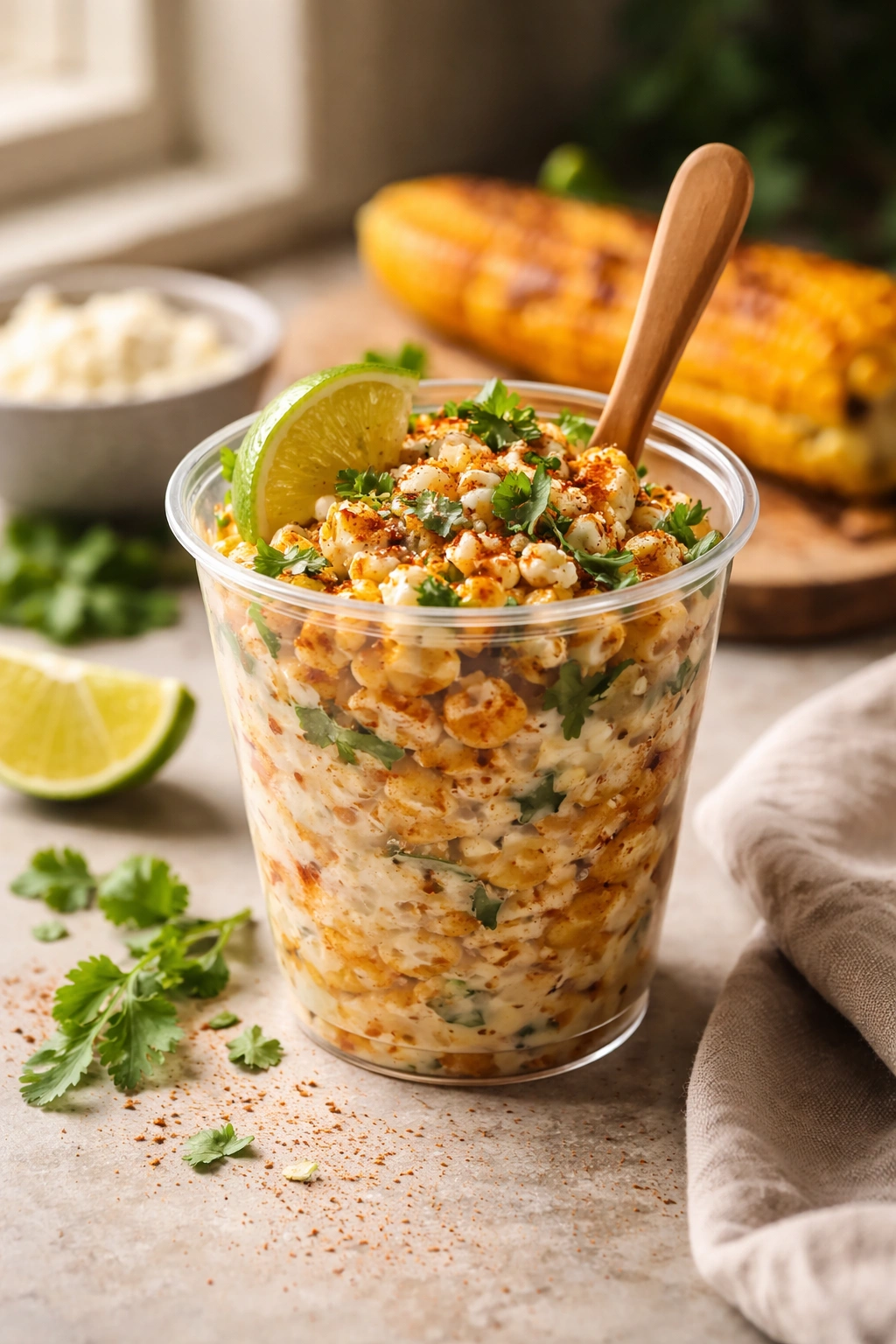 Cup of elote on kitchen counter with lime and cilantro, reflecting on final tasting