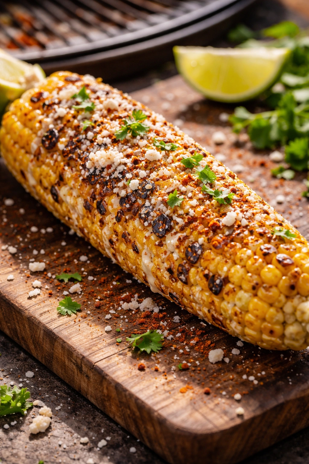 Charred corn on the cob with a glossy finish and cotija specks