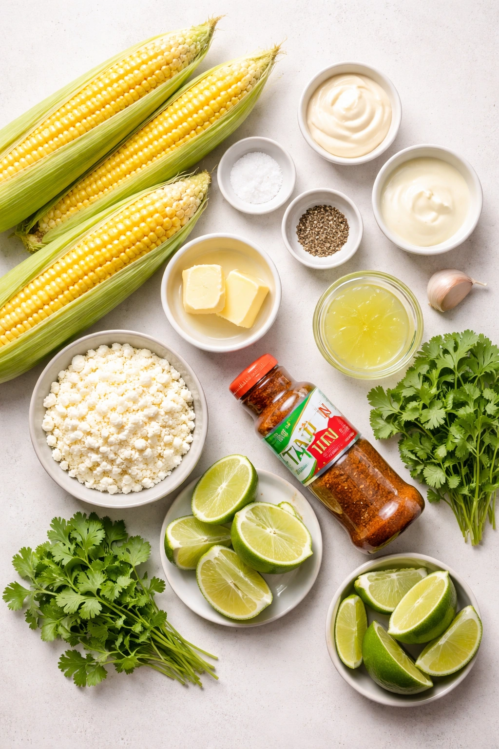 Layout of corn, butter, mayo, crema, cotija, cilantro and Tajín ingredients