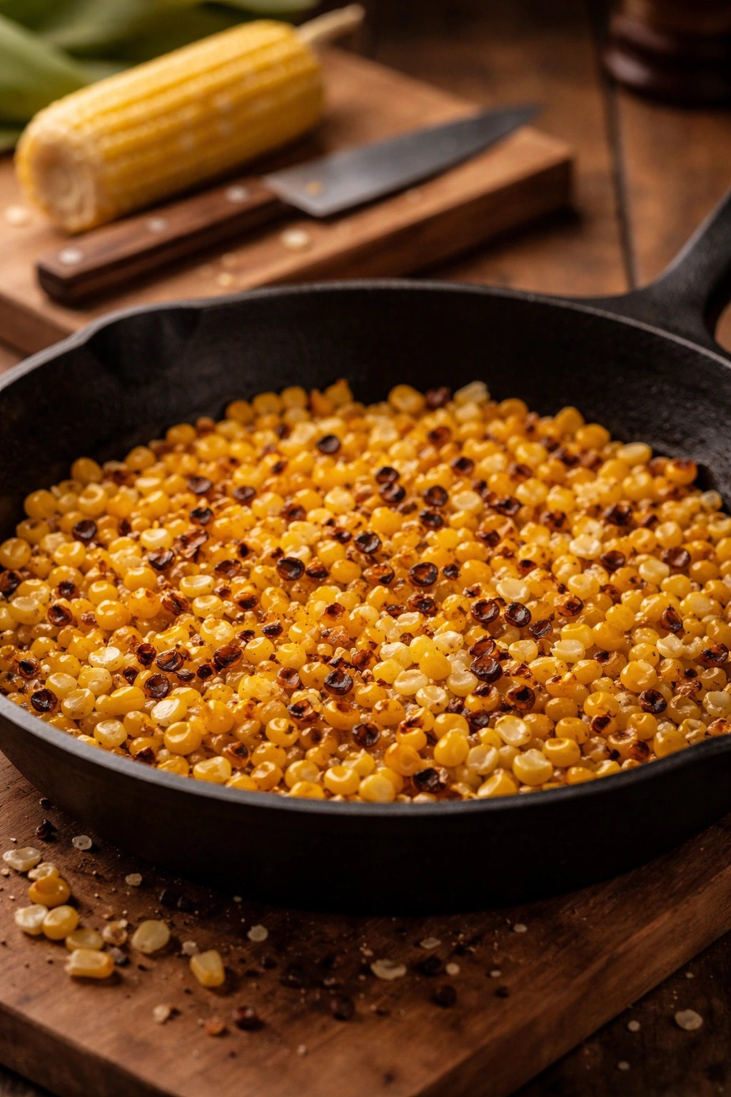 Charred corn kernels in a skillet with a knife nearby
