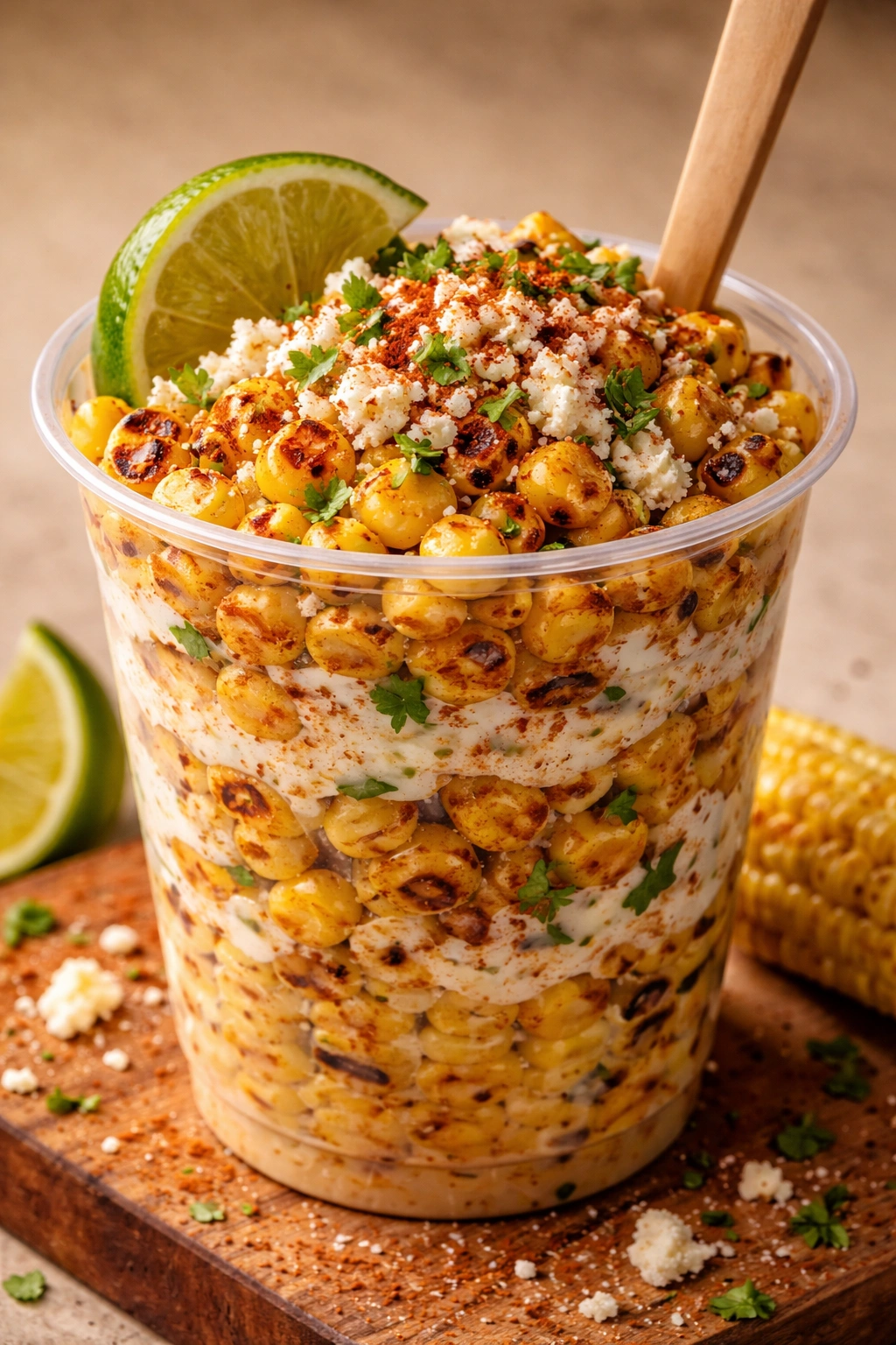 Elote cup with charred corn and crema topping in a minimal setting
