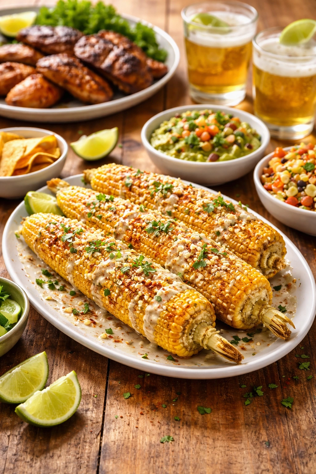 Elote on plate with crema and cotija cheese, lime accent, bright natural light