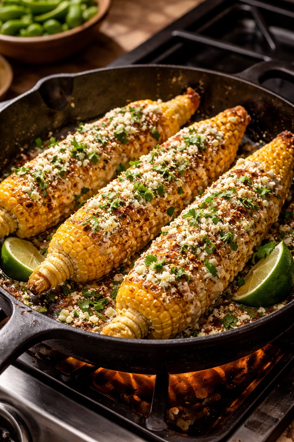 Elote in cast iron skillet with creamy coating and cotija