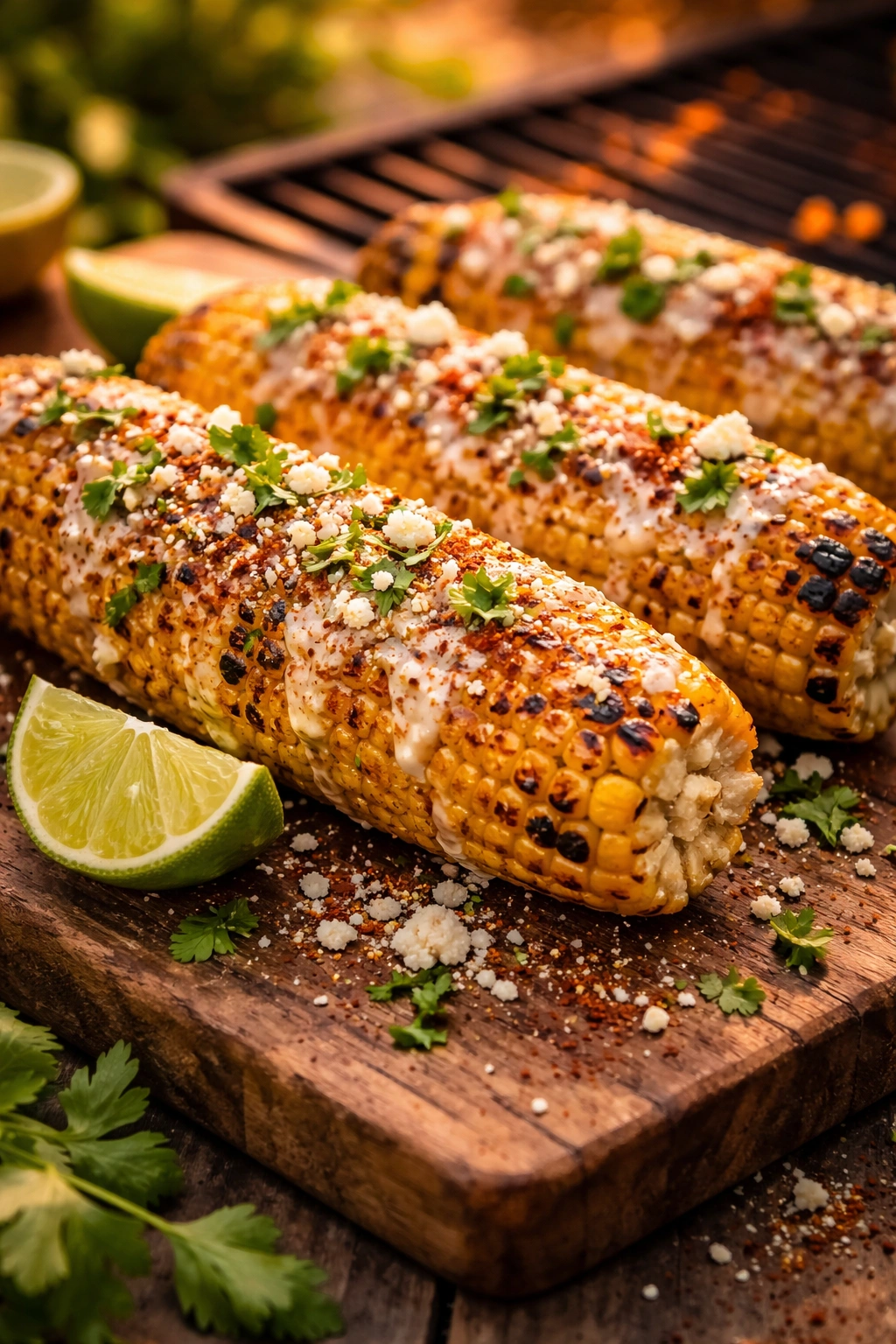 Close-up of elote with cotija cheese and lime