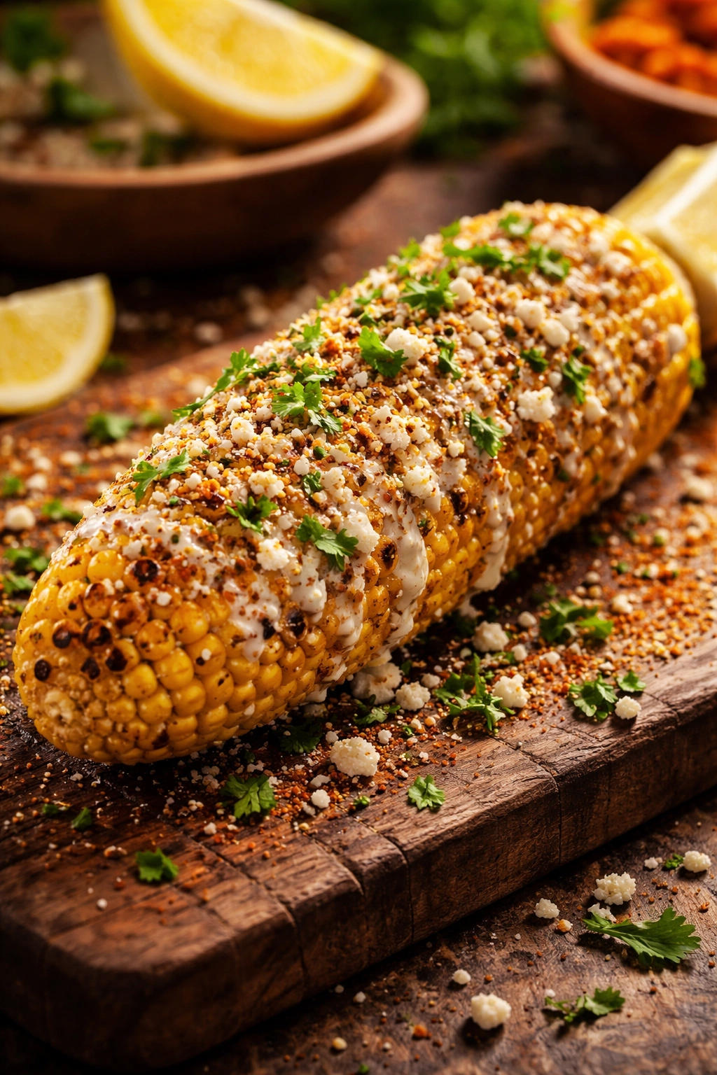 Close-up of grilled elote with mayo crema, cotija, cilantro and TajÃn on a rustic board