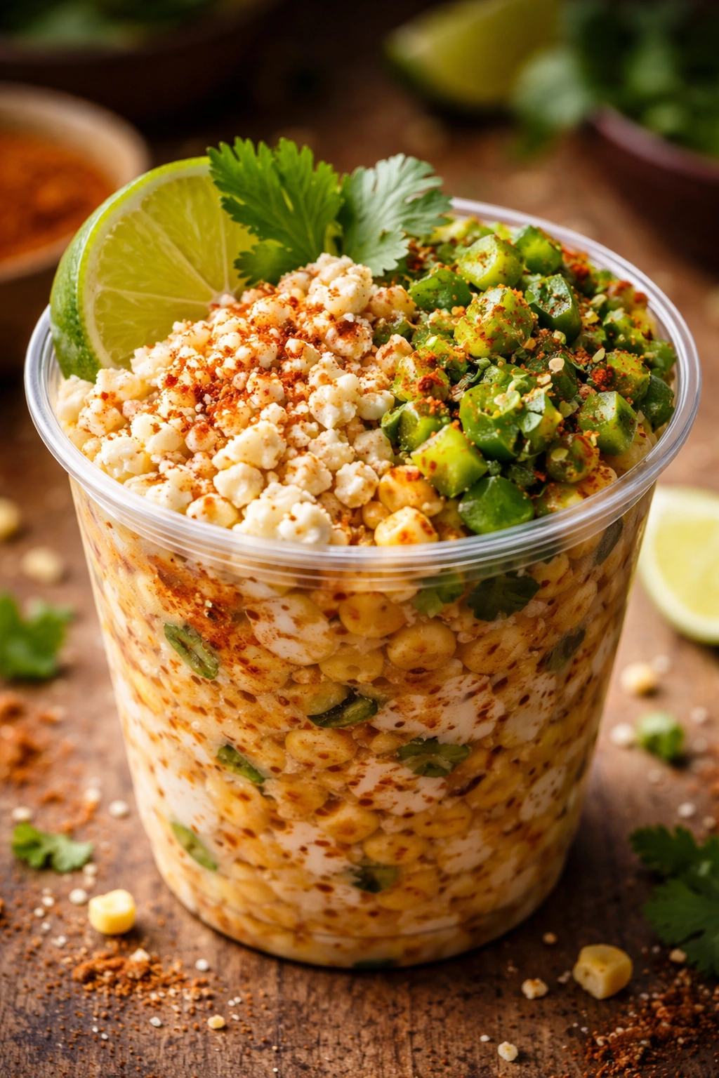 Elote cup displaying two topping variations