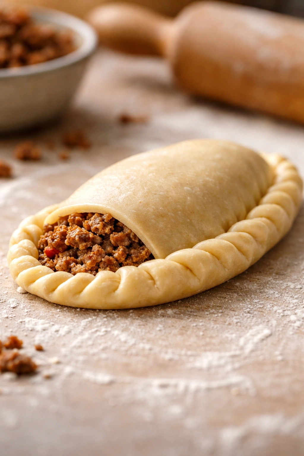 Close-up of a single crimped empanada showing neat edges