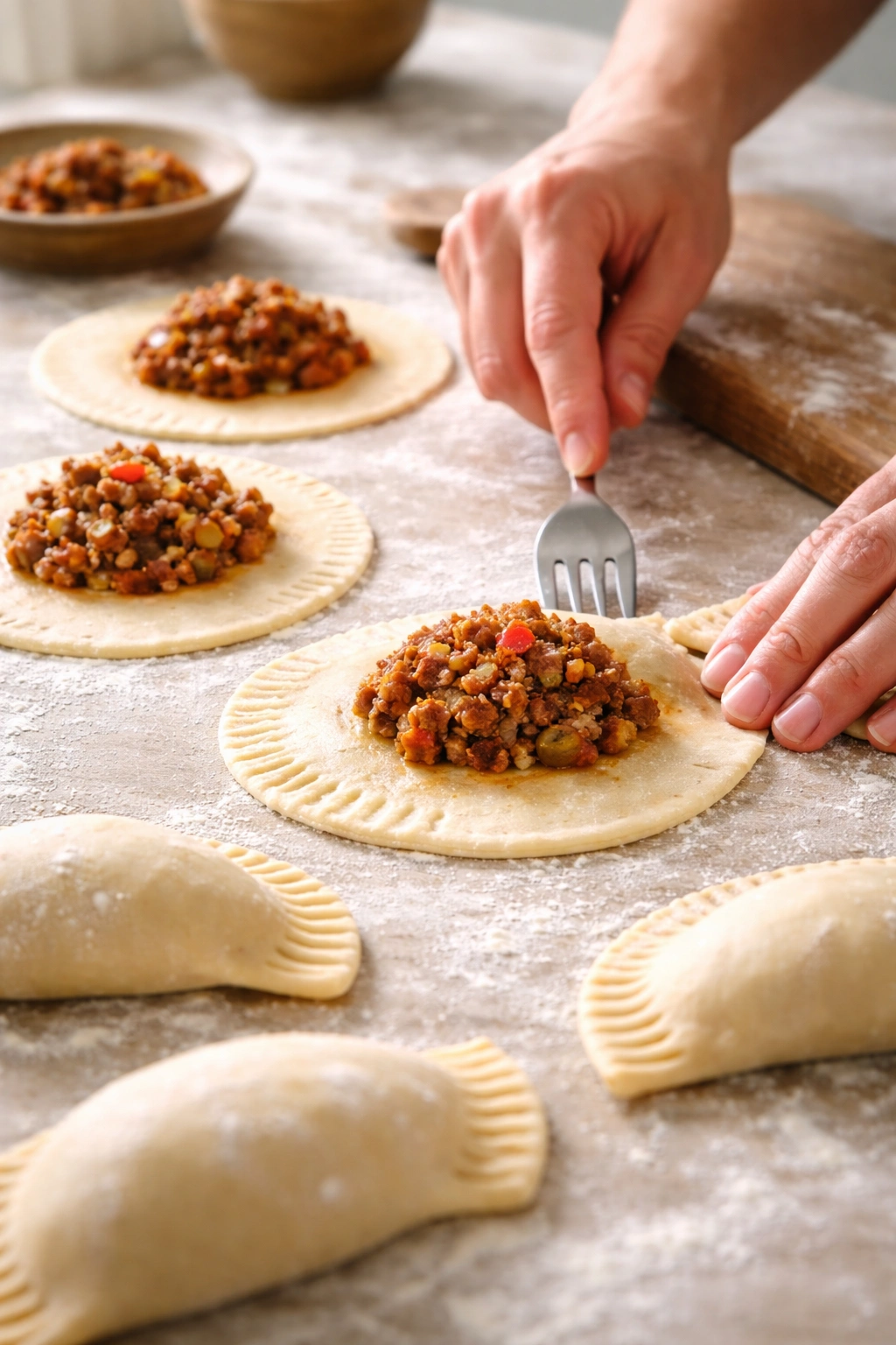 Dough discs with filling being assembled into half-moon empanadas, crimped edge