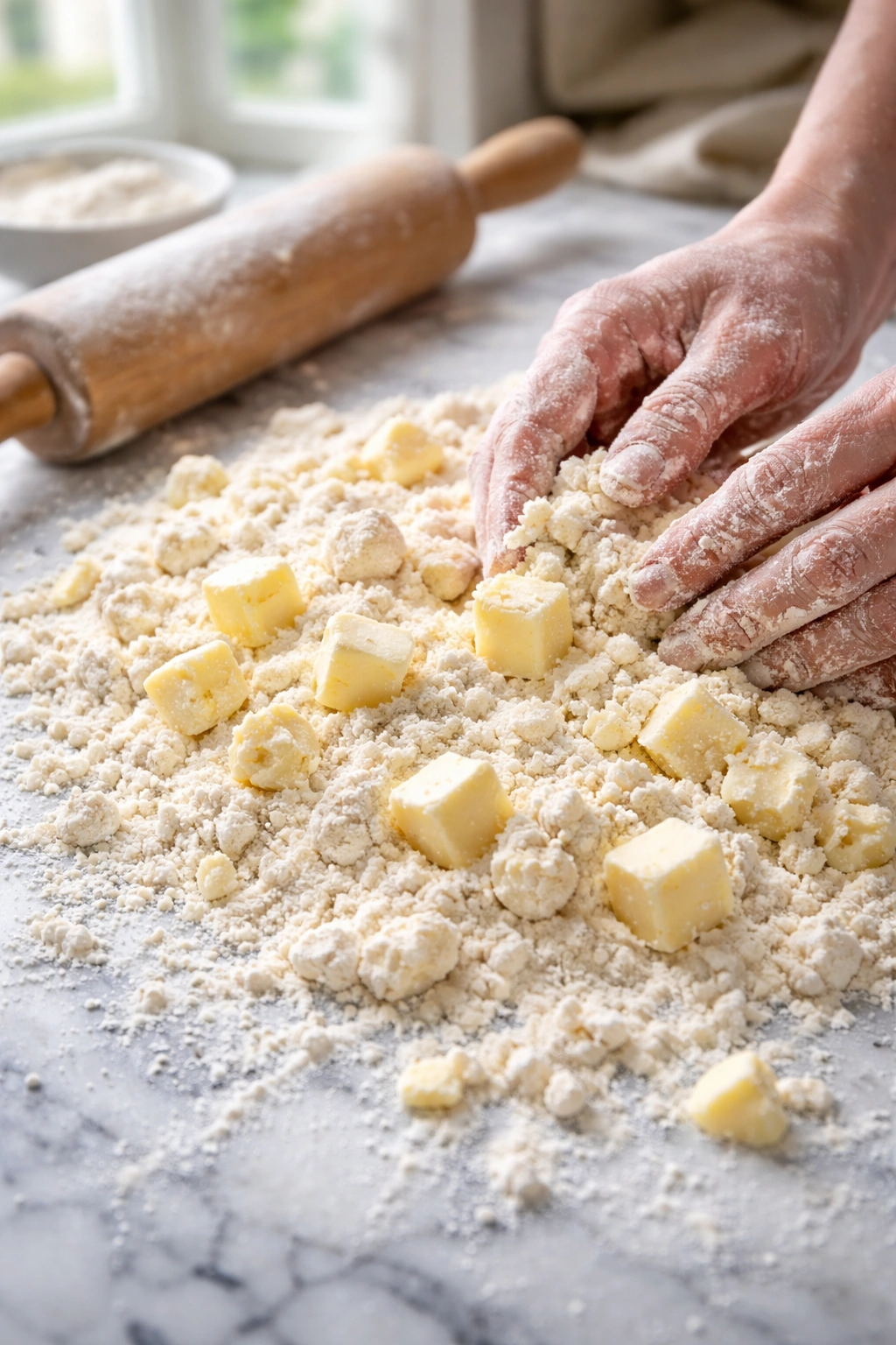 Close-up of cold butter worked into flour on marble for empanada dough.