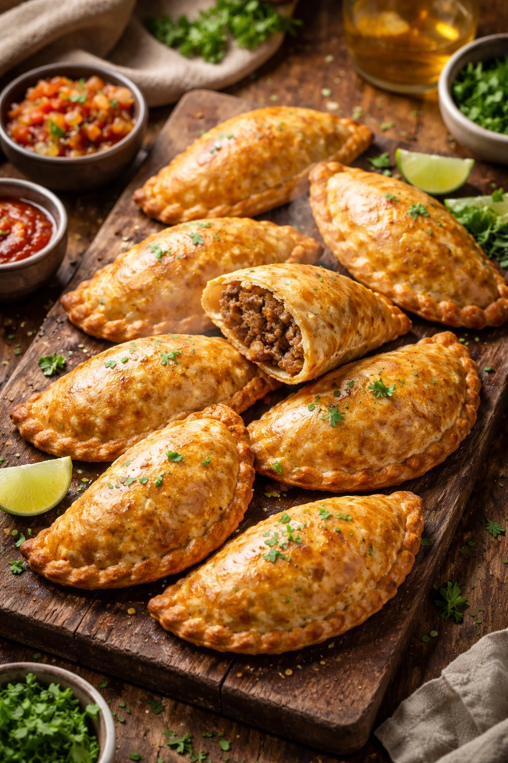Close-up of golden, flaky beef empanadas on a rustic wooden board.