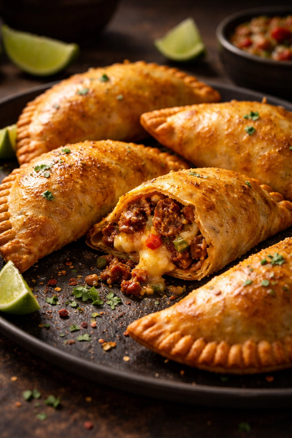 Golden chorizo and cheese empanadas on a dark platter
