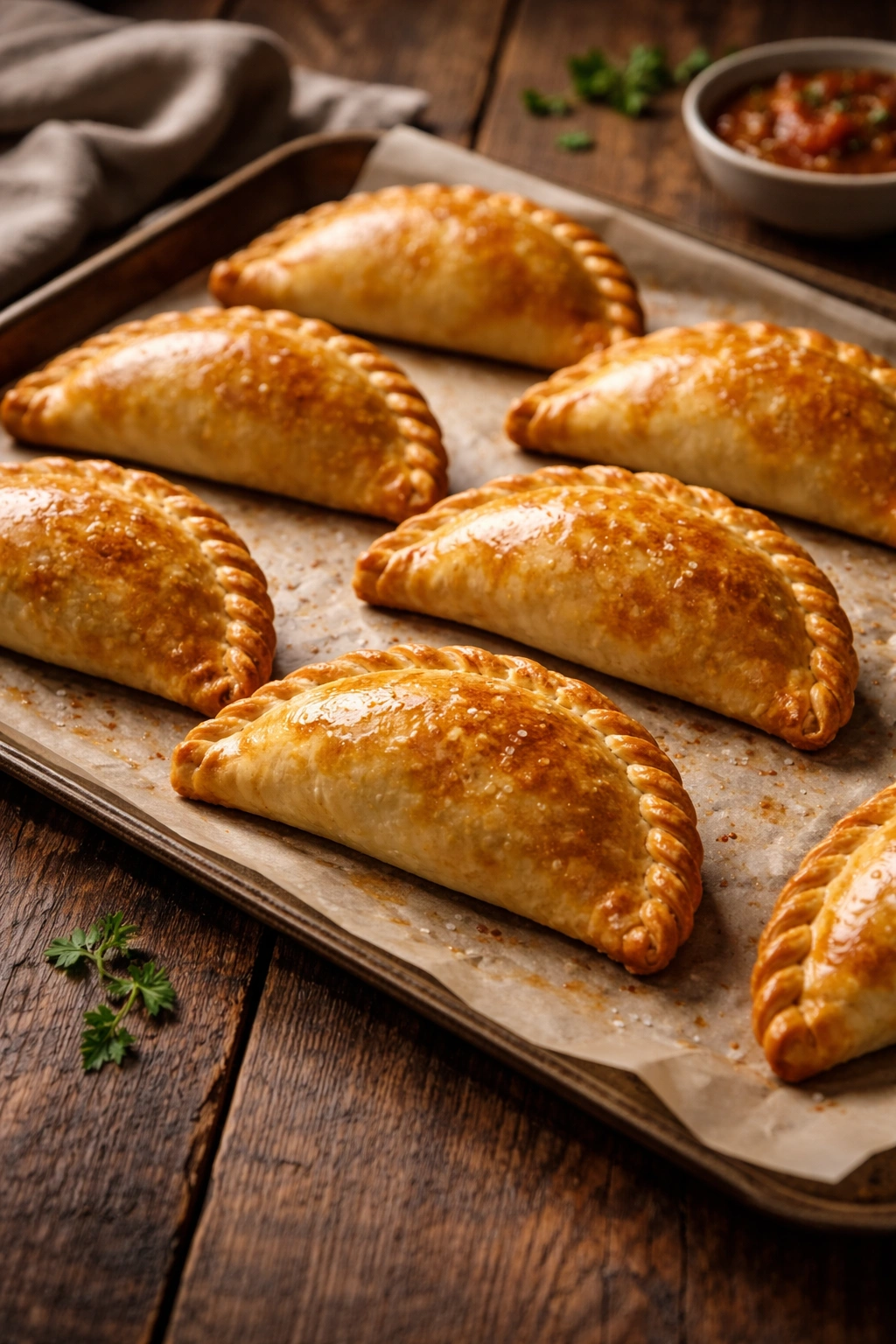 Close-up of perfectly sealed beef empanadas with tight crimped edges on parchment.