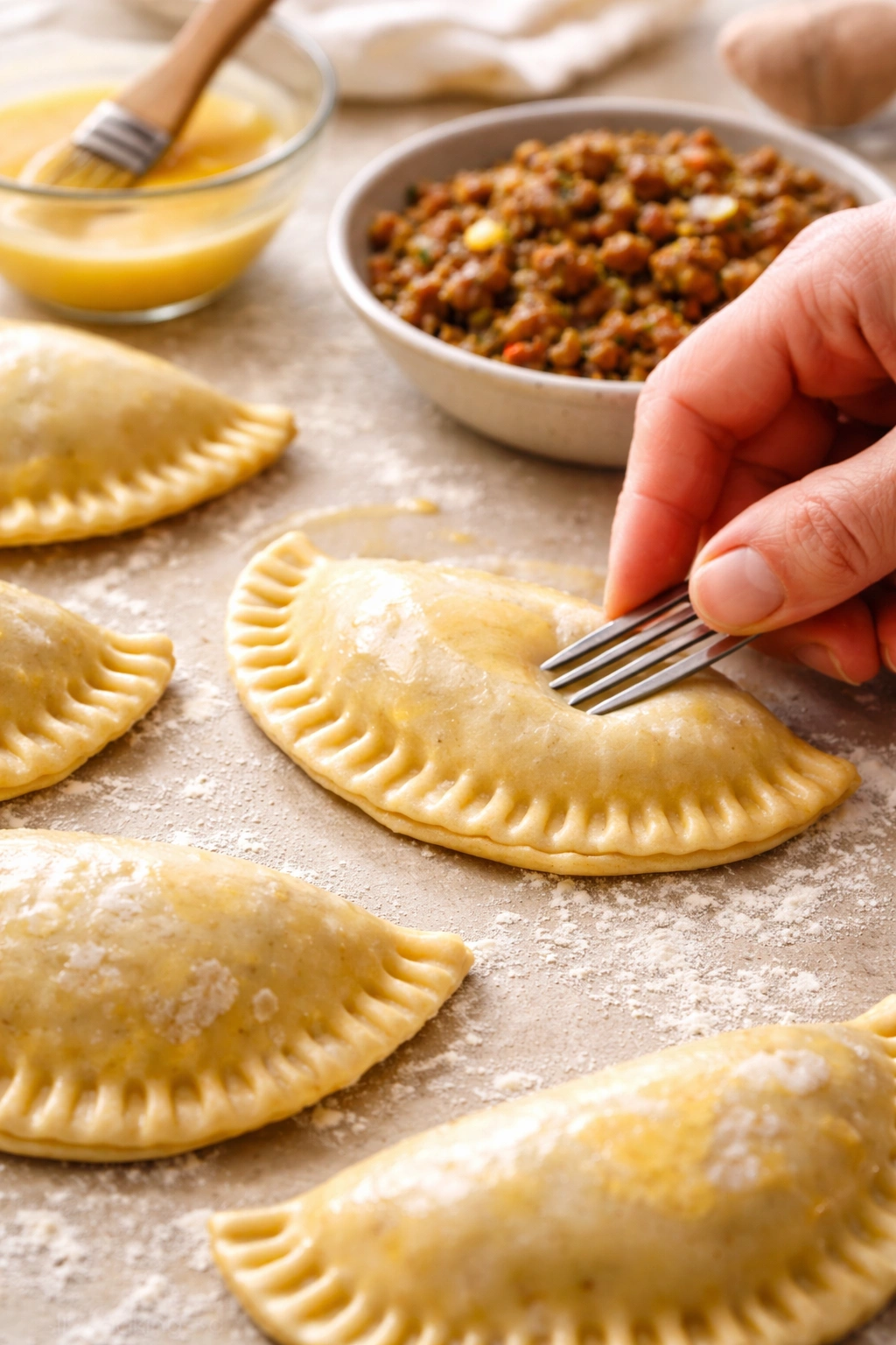 Close-up of empanadas being sealed along a crimped edge.