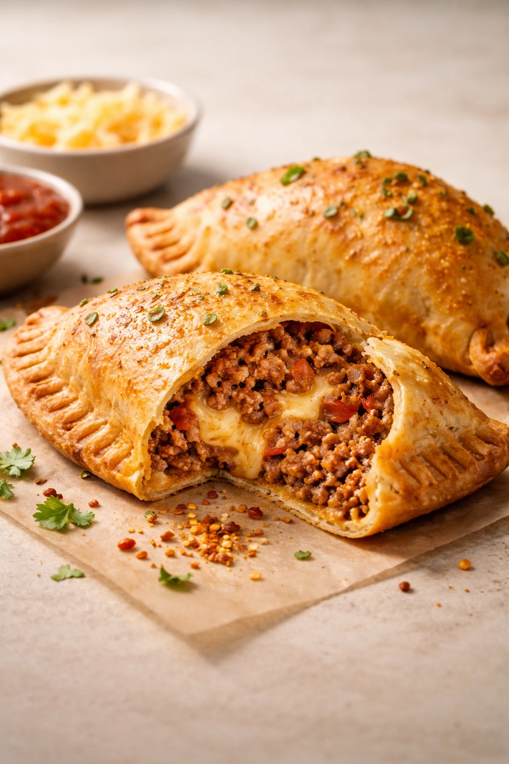 Two empanadas with interior variations: cheese pockets and spiced filling