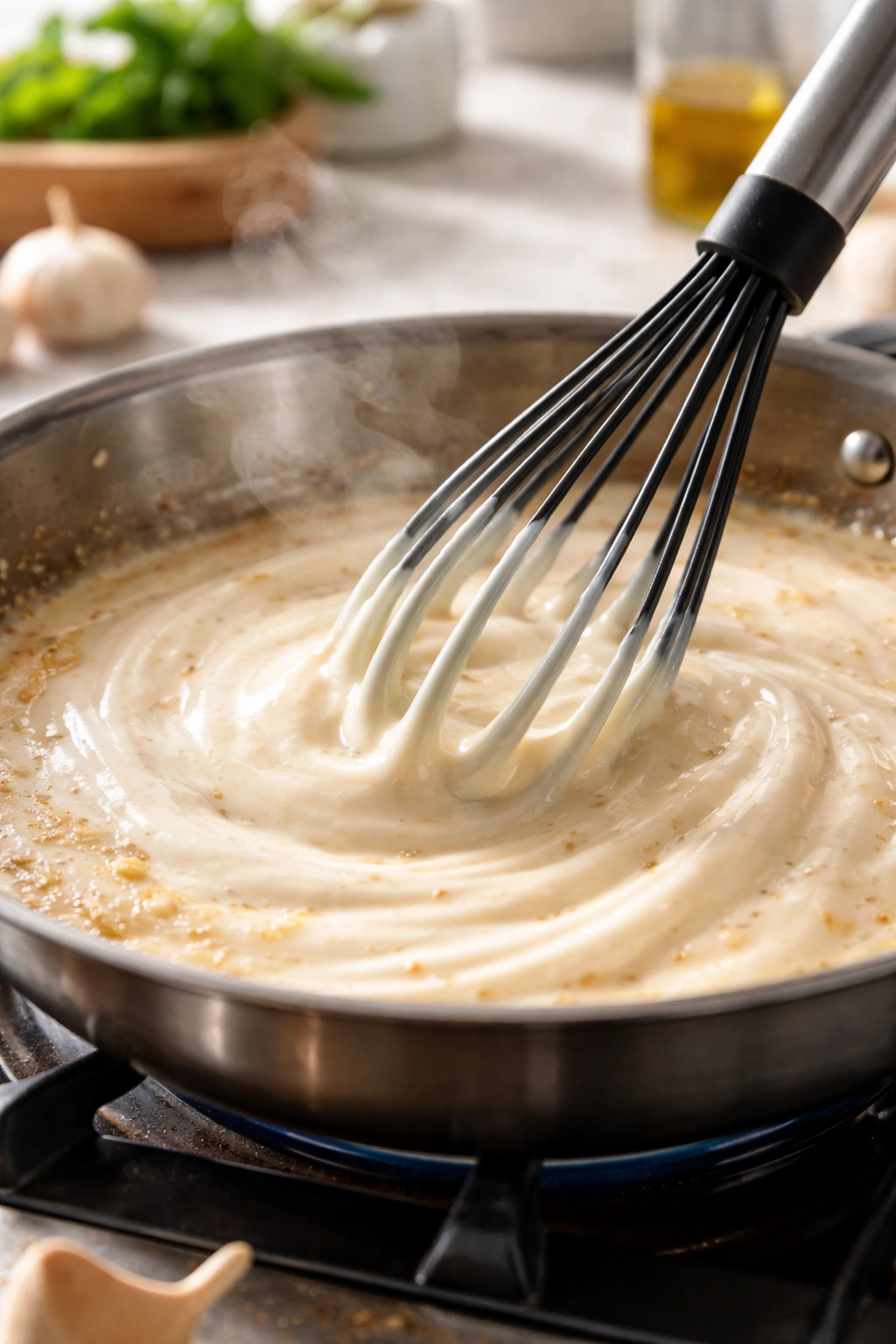 Whisk emulsifying cream into garlic butter in a hot pan