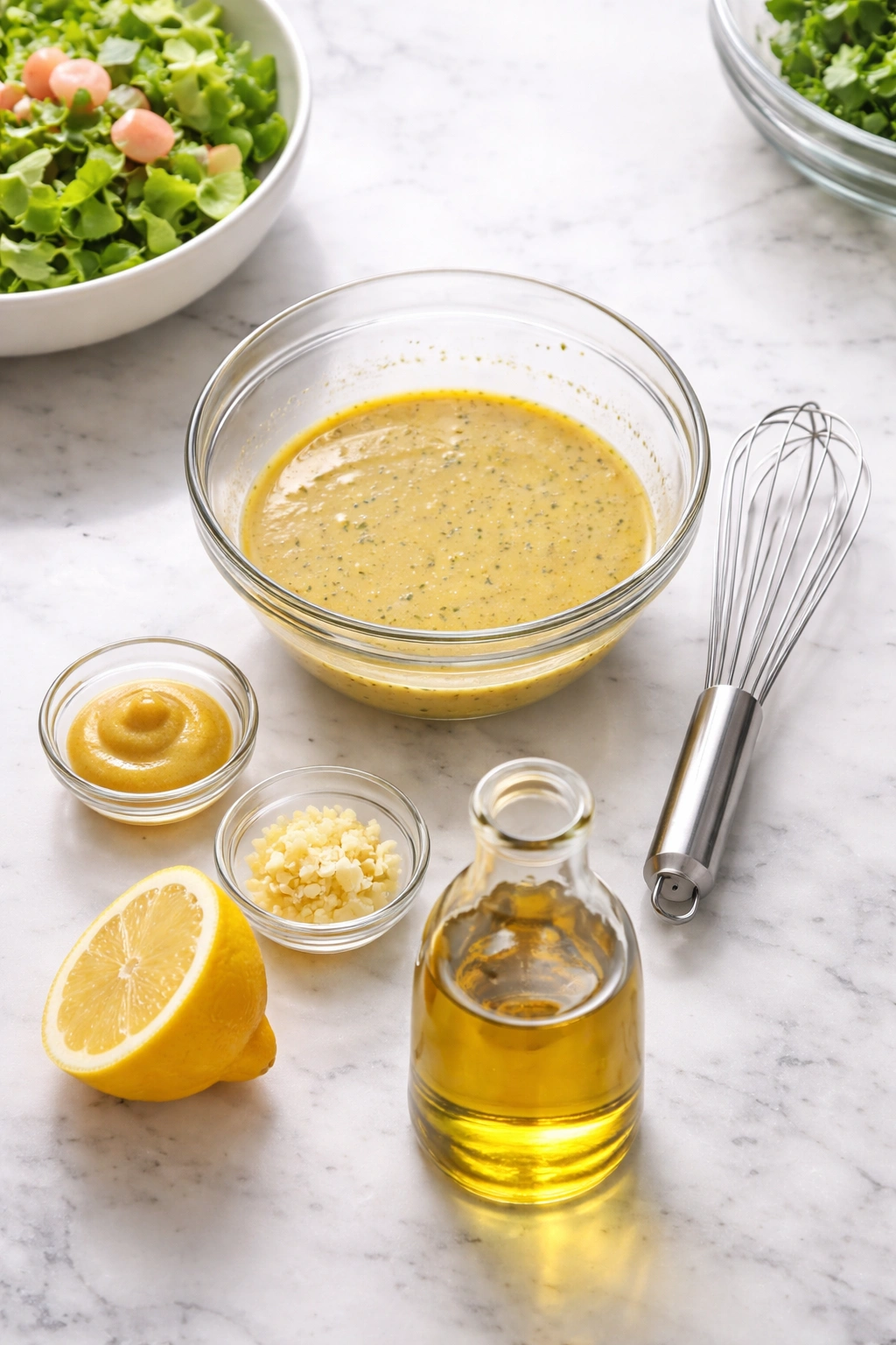 Close-up of emulsified dressing in a glass bowl with ingredients prepared for dressing