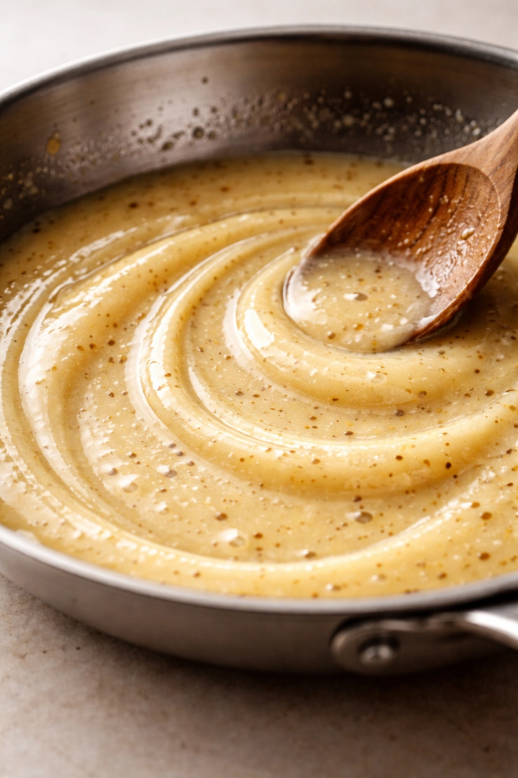 Close-up of emulsified sauce texture in pan