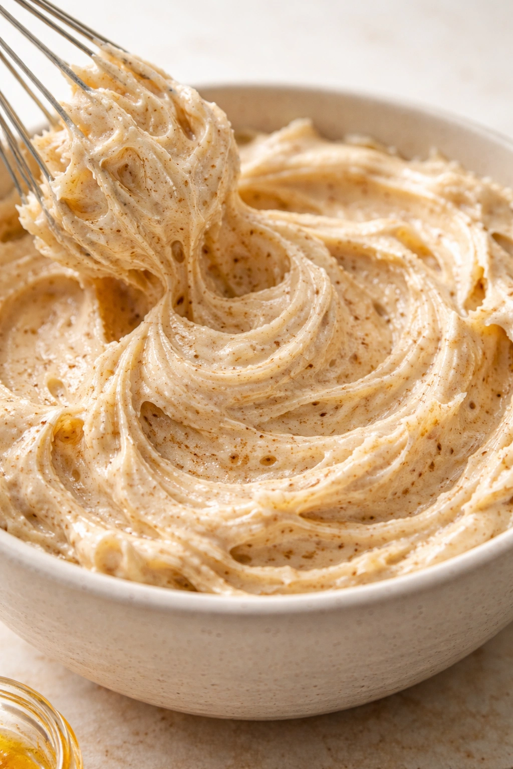 Macro view of whipped butter with air pockets in a neutral bowl