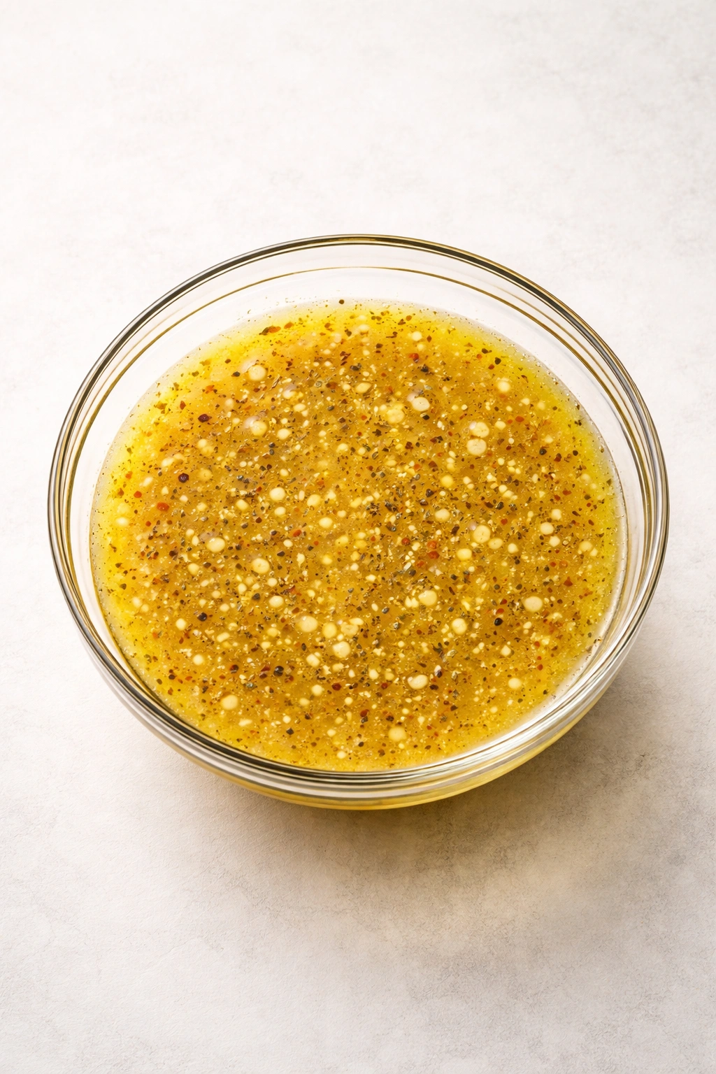 Glass bowl with cohesive emulsion dressing on a light surface