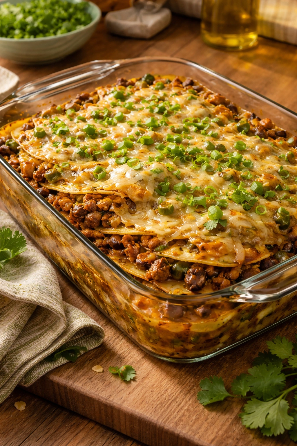 Layered enchilada casserole with tortillas and cheese in a glass dish
