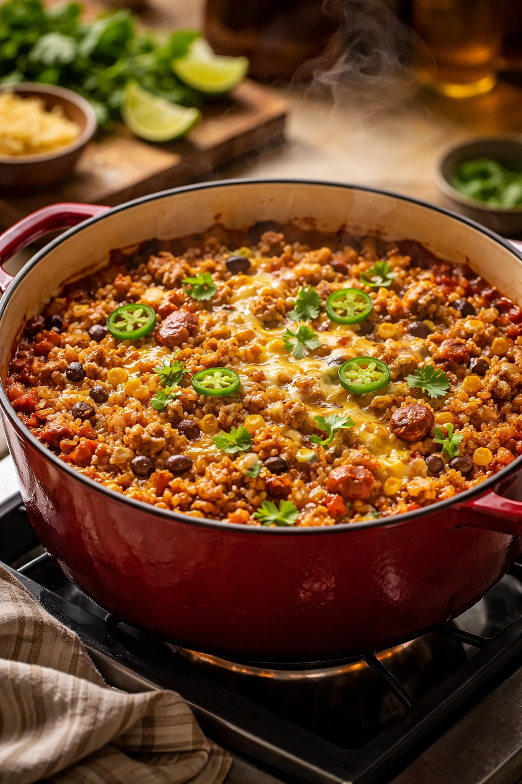 Close-up of a bubbling one-pot enchilada rice on a stove in a cozy kitchen