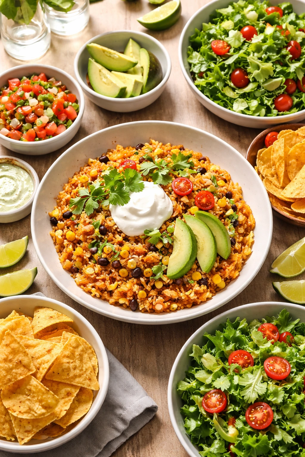 Plate of enchilada rice with crema, cilantro, lime, avocado, pico de gallo, and chips