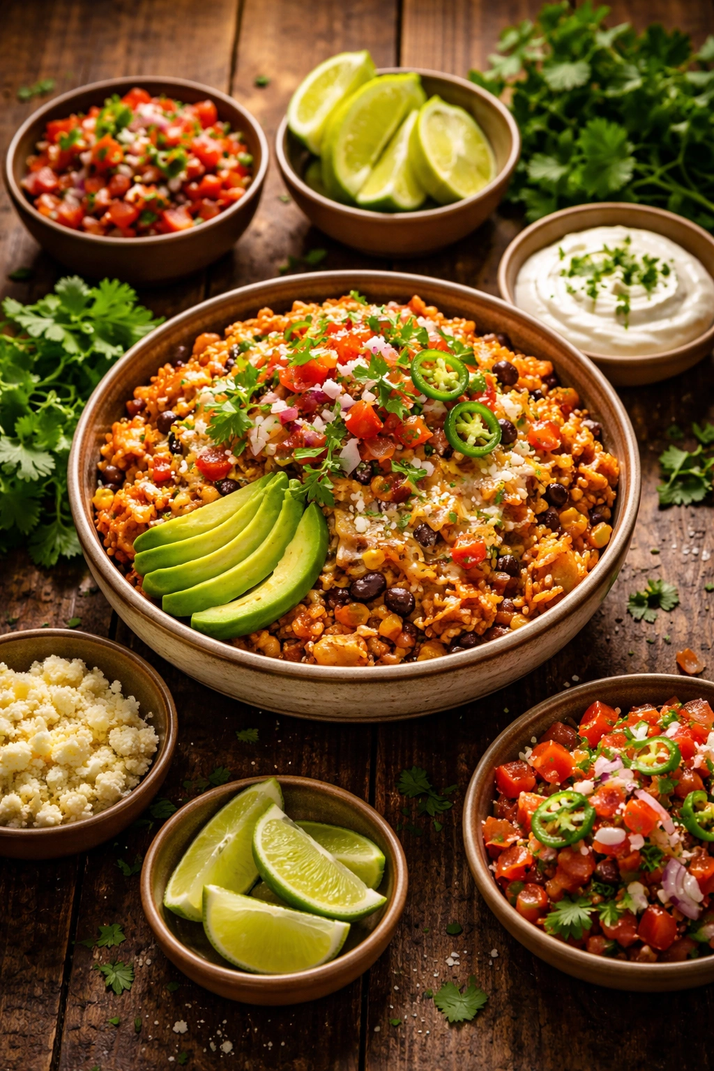 Enchilada rice bowl with toppings for serving variations