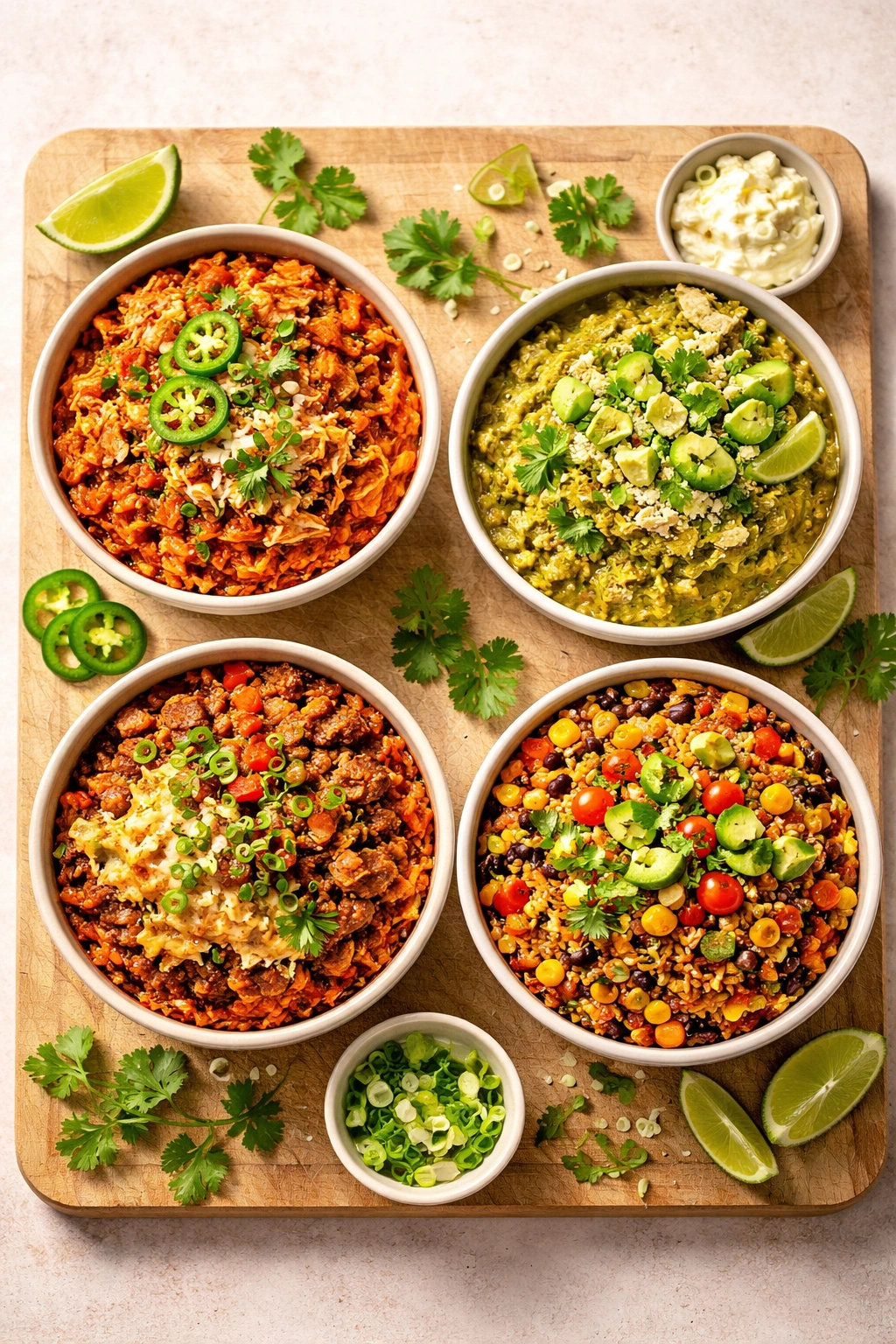 Four enchilada rice variations in bowls on a wooden board