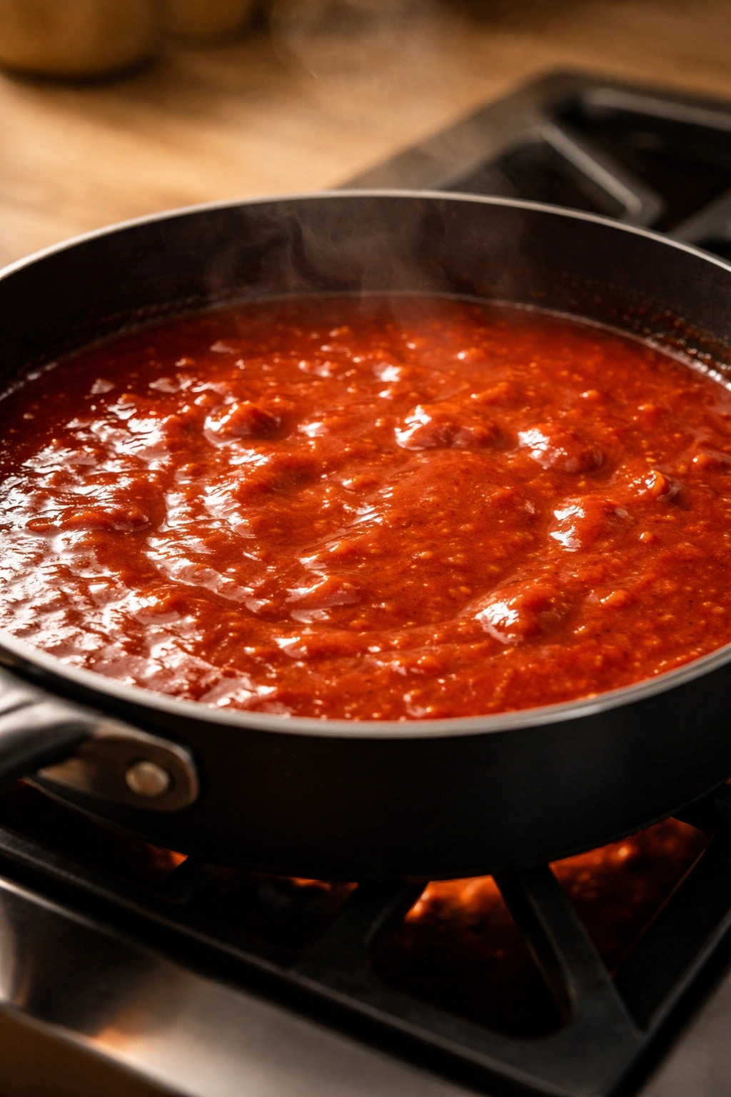 Enchilada sauce base simmering in a pan