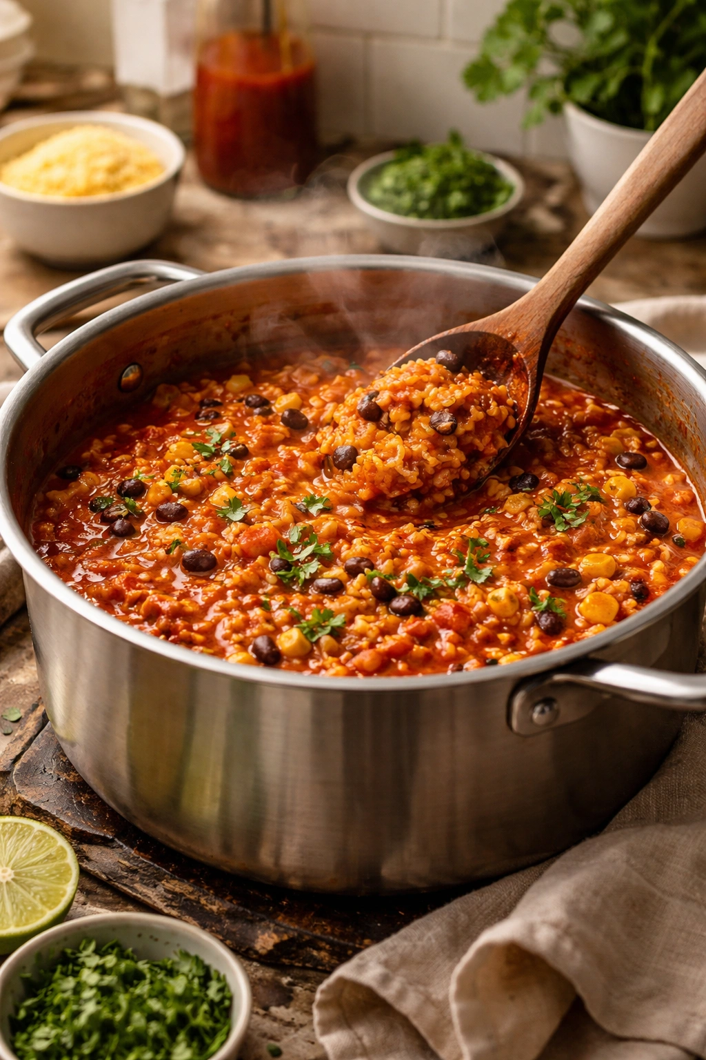 Red enchilada sauce simmering with rice in a pot, steam rising