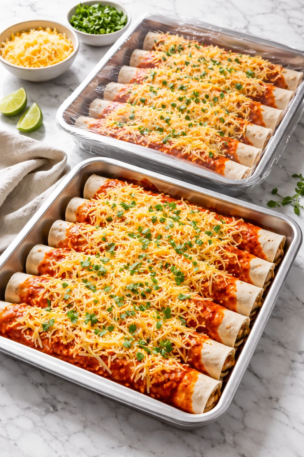 Two pans of rolled enchiladas ready to freeze