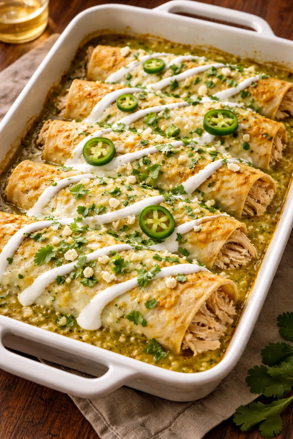 Enchiladas verdes in a baking dish with verde sauce and sour cream
