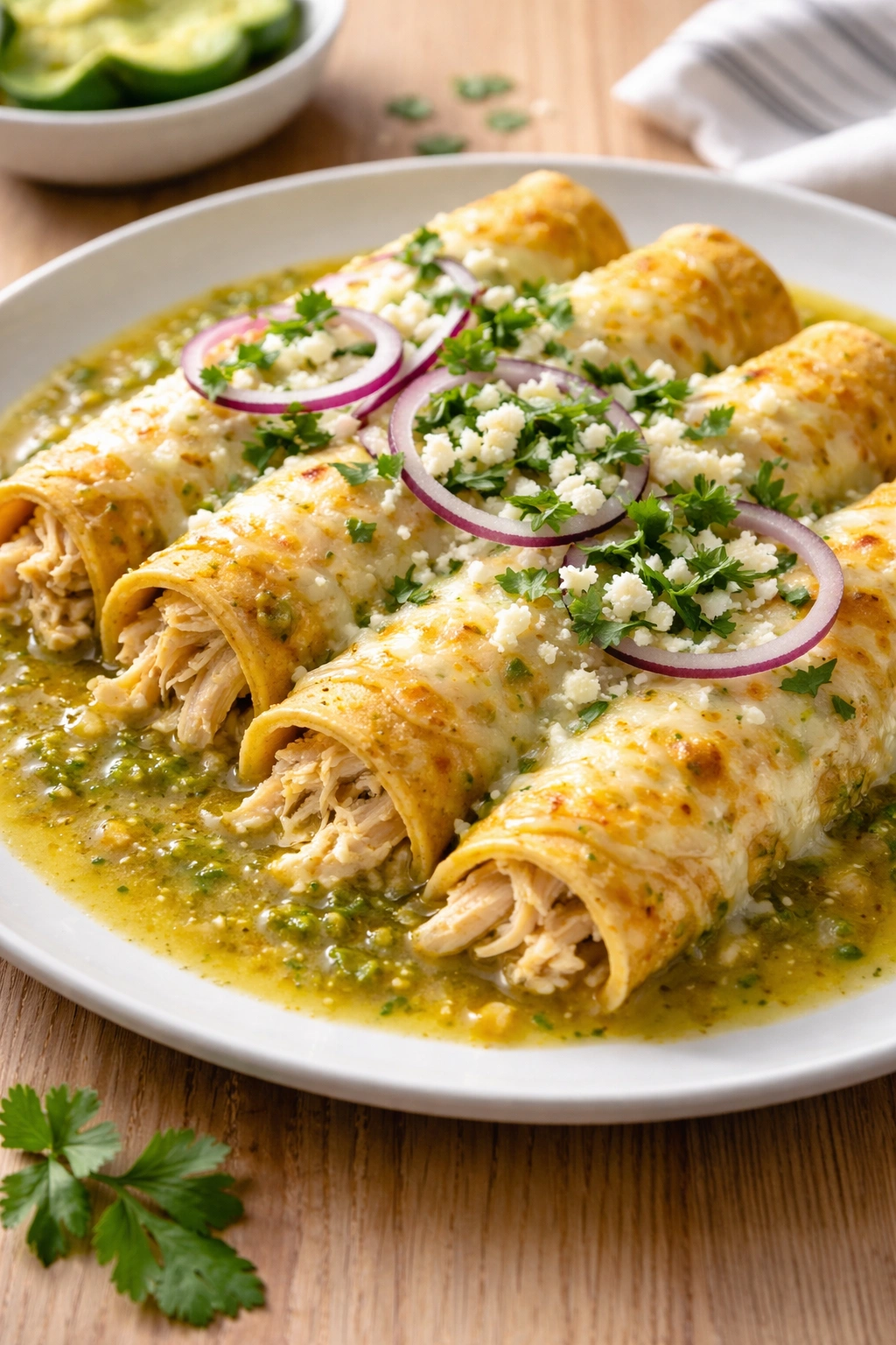 Rolled enchiladas verdes with green tomatillo sauce and melted cheese