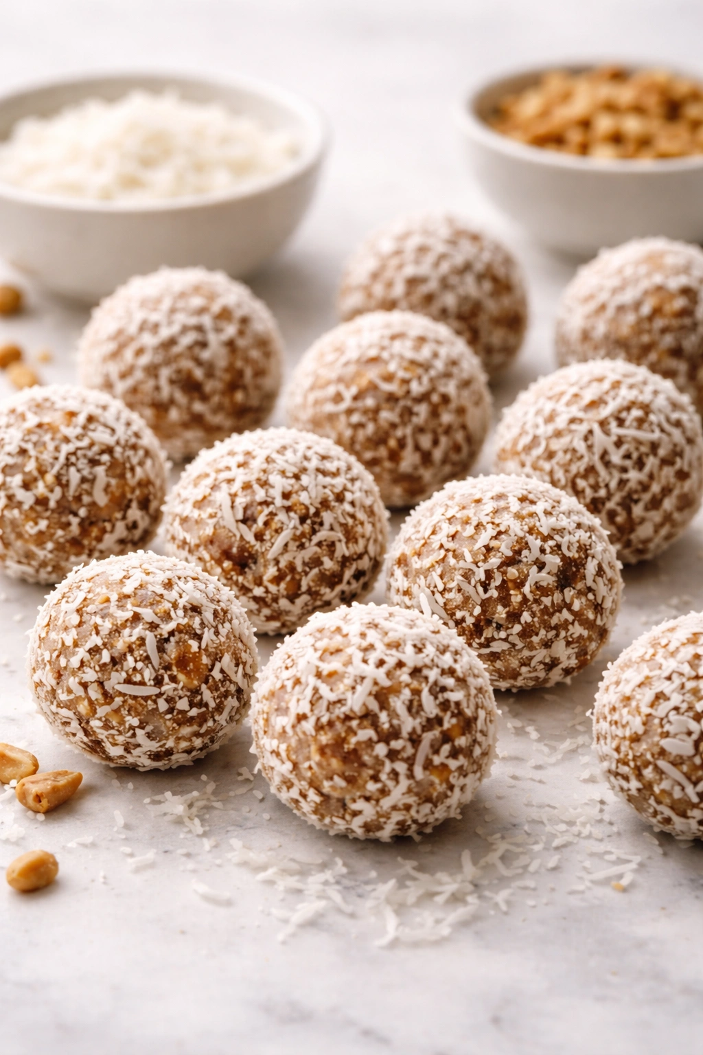 Energy balls with coconut on a light surface