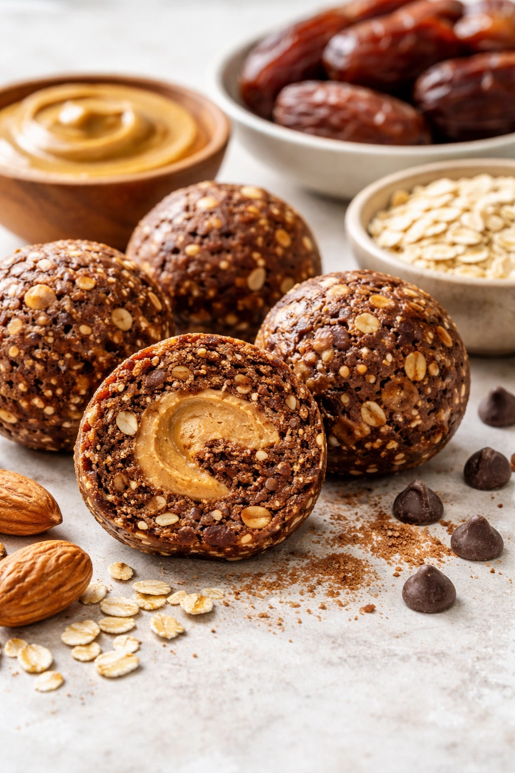 Energy ball cross-section with almond butter and cocoa