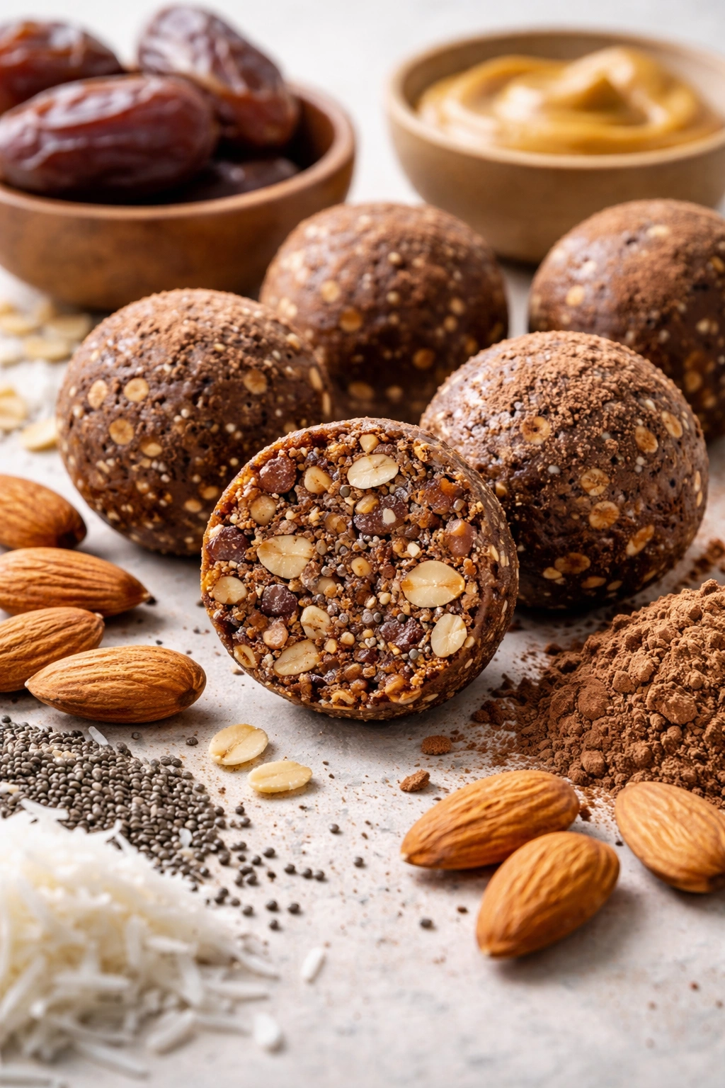 Cross-section of energy ball showing almond and date interior