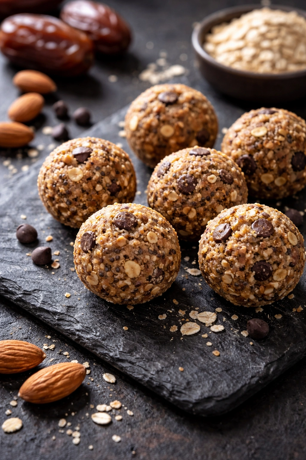 Crumbly irregular energy balls on slate surface