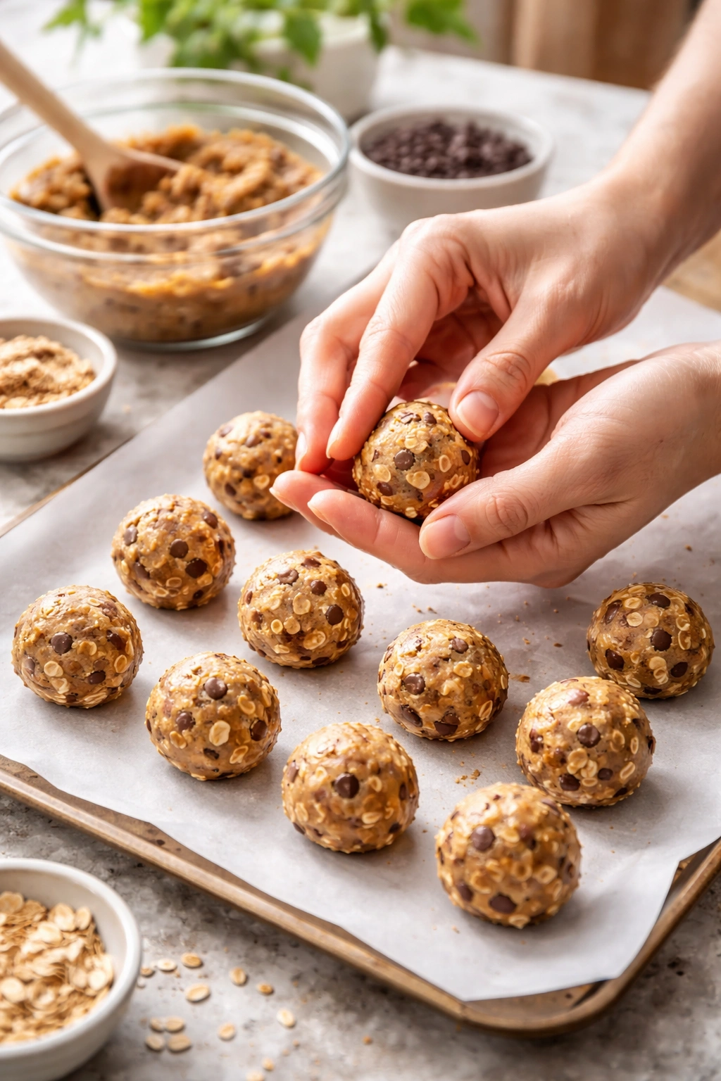 Hands shaping energy balls on parchment