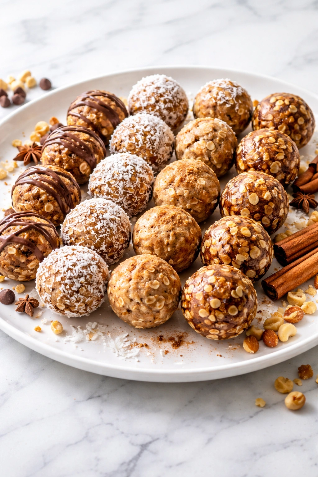 Marbled energy balls with chocolate swirls on plate
