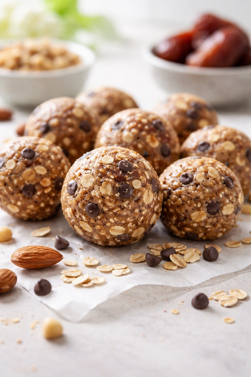 Close-up of no-bake energy balls on a light surface emphasizing texture