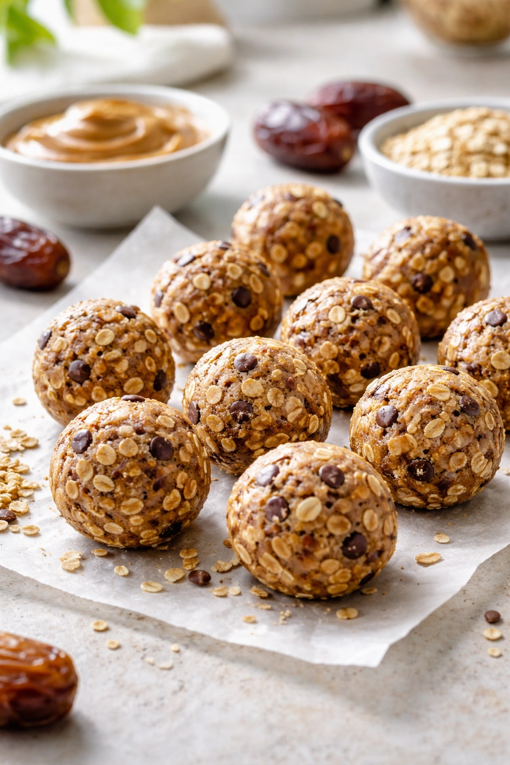 No-bake energy balls on parchment with oats and nut butter texture.