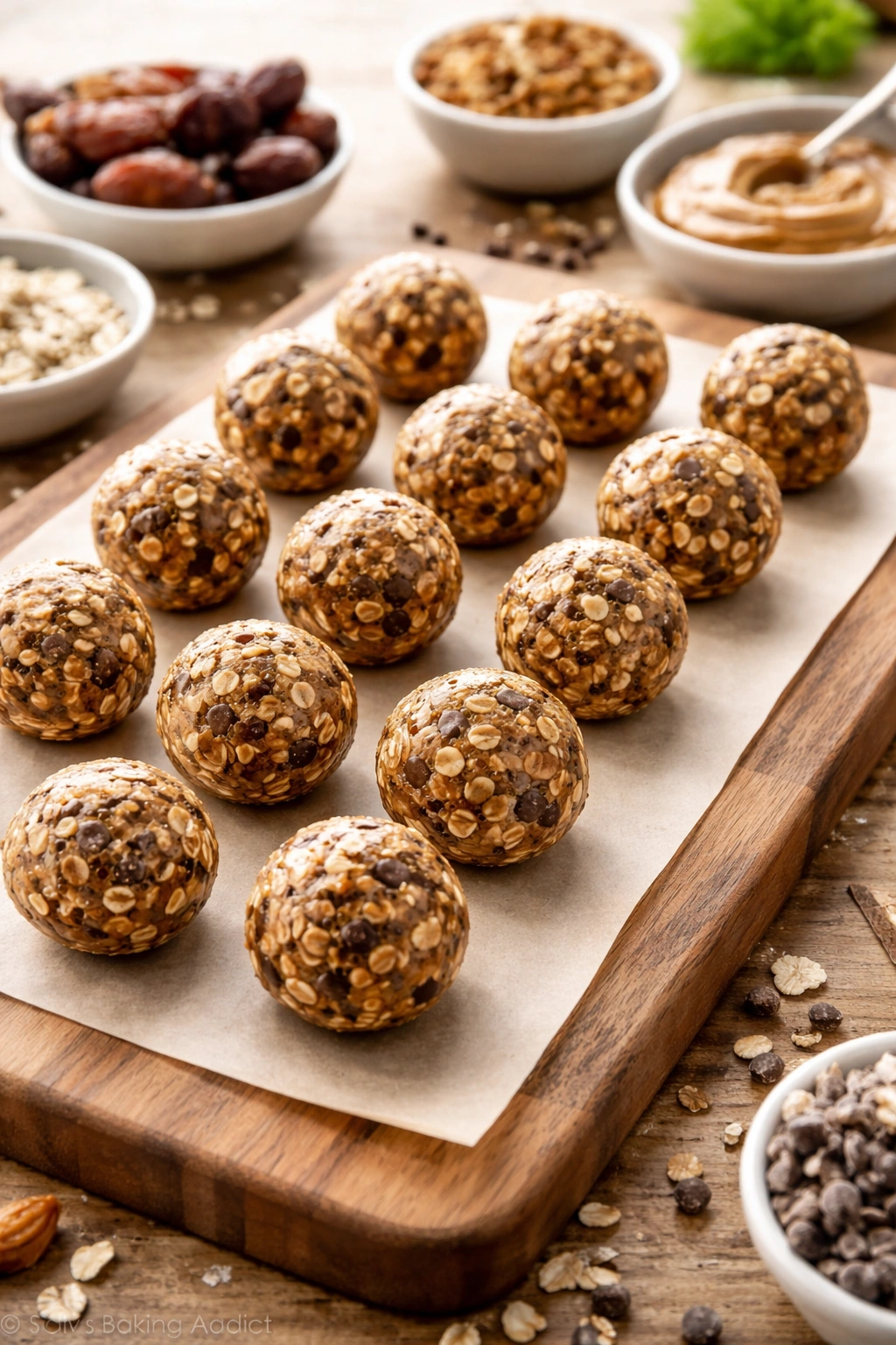 Row of energy balls lined up on wood