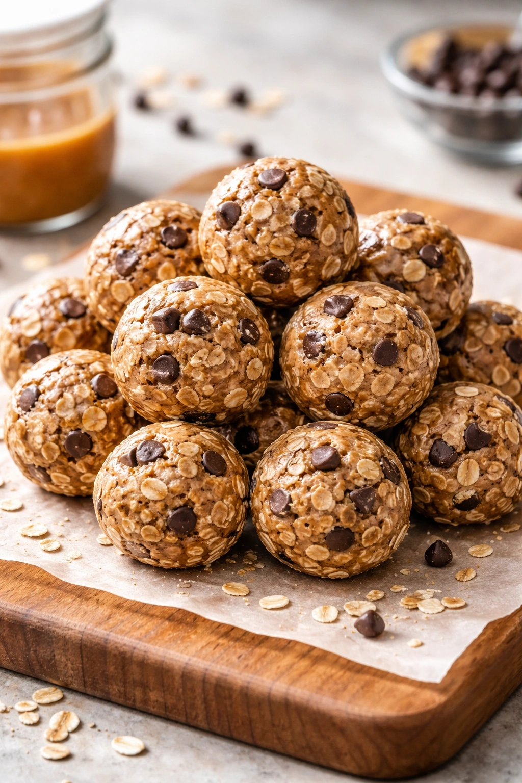 No-bake energy balls on parchment on a wooden board.