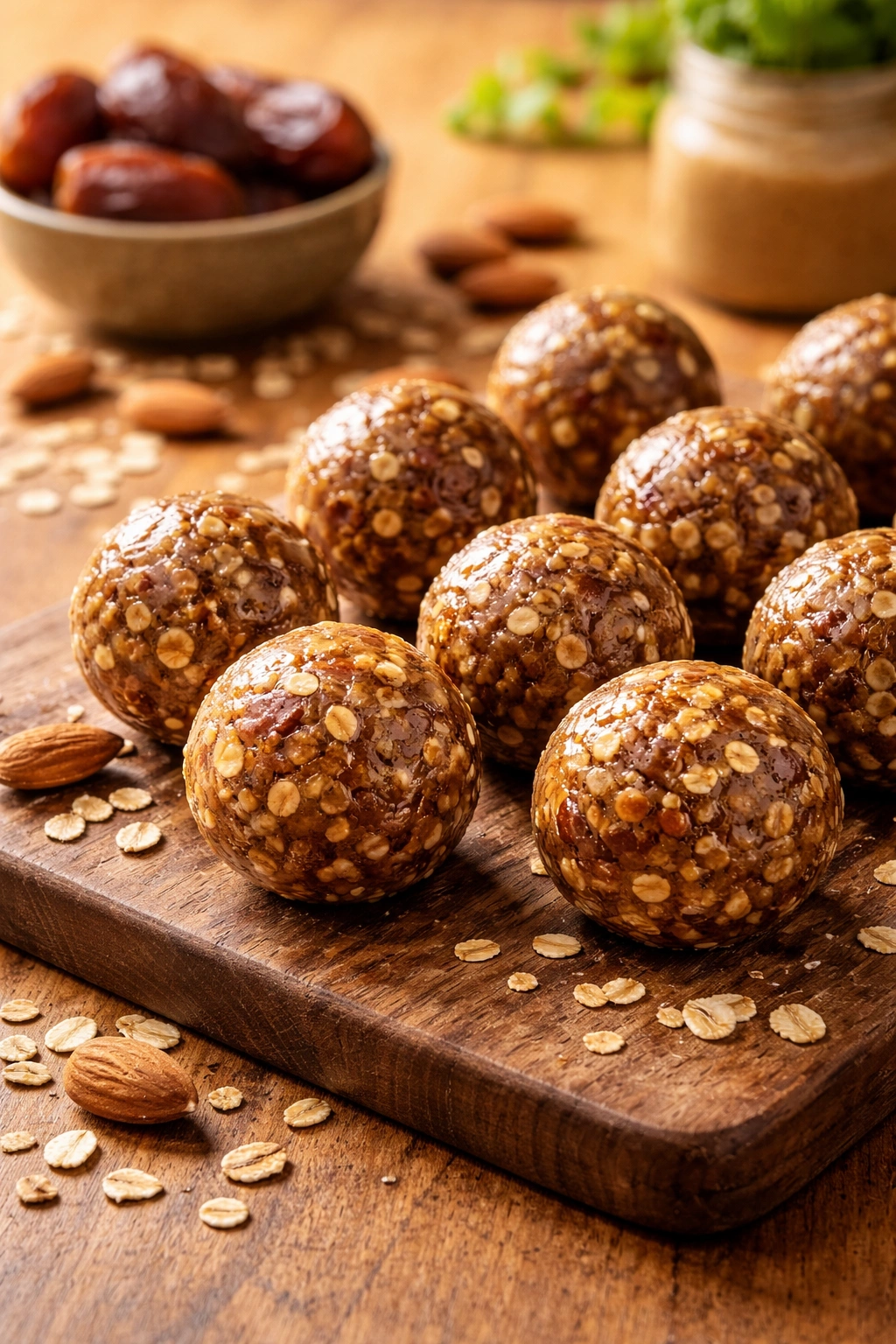 Close-up energy balls on wooden board with warm kitchen lighting and textured surface