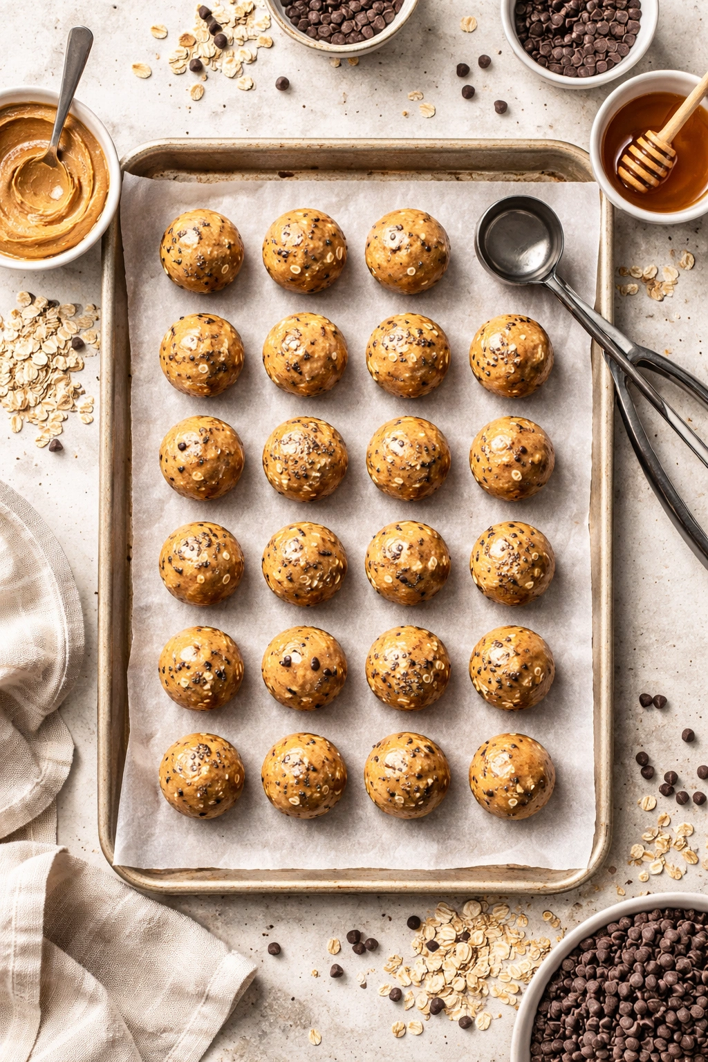Tray of uniform energy balls arranged in a grid